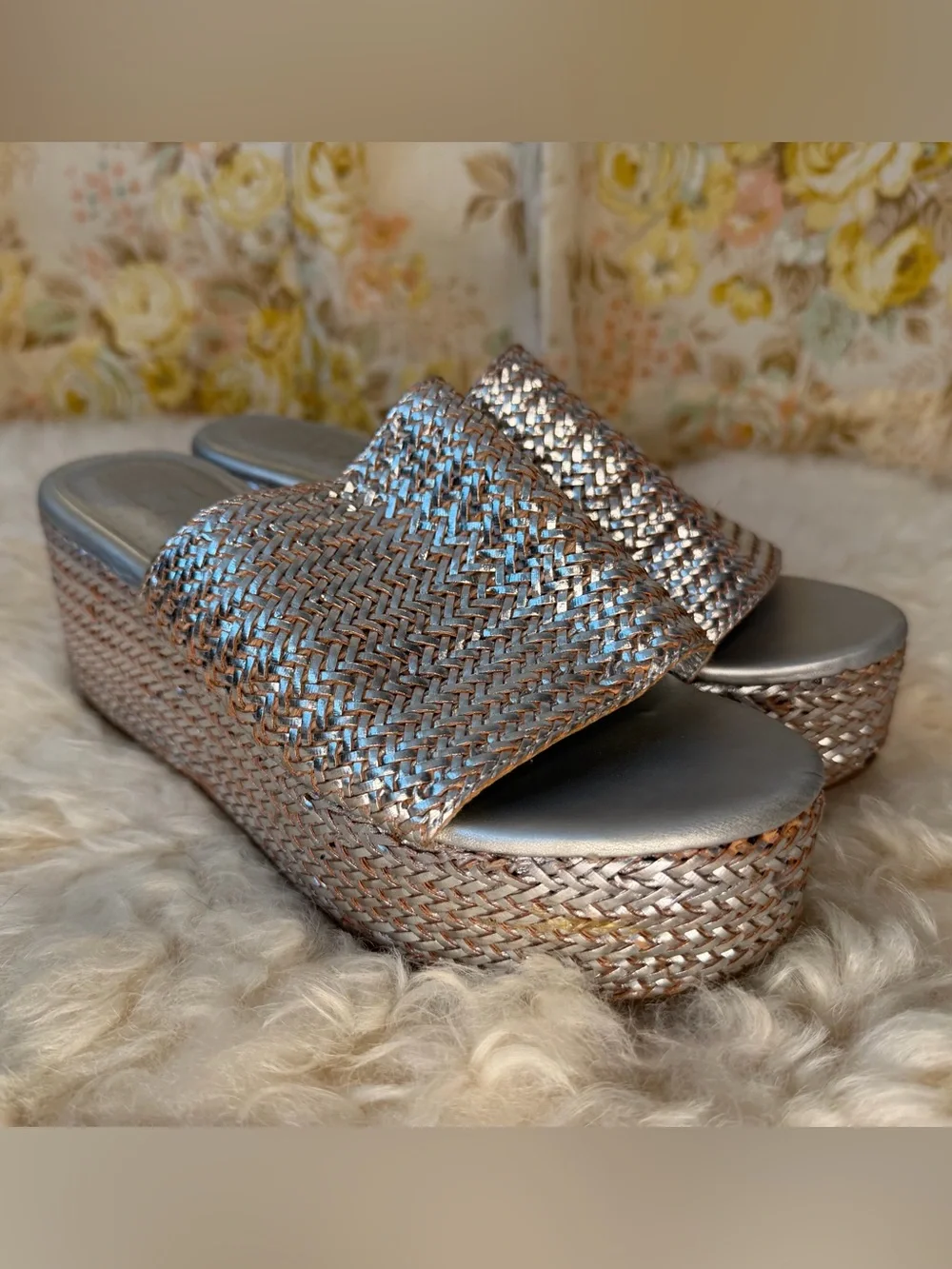 Free People Metallic Rose Gold Woven Platform Slides